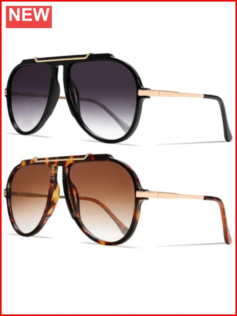 Oversized Aviator Sunglasses with Gold Metal Temples UV400 Protection